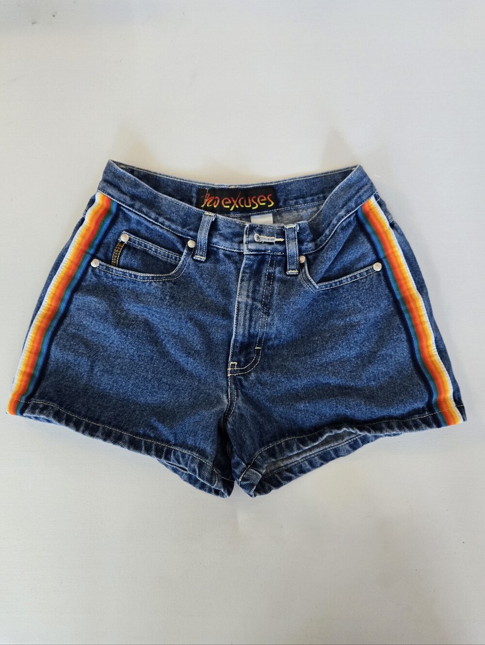 Vintage 90s Grunge No Excuses Rainbow Ribbon Trim Jean Shorts Riot Festival 5/6